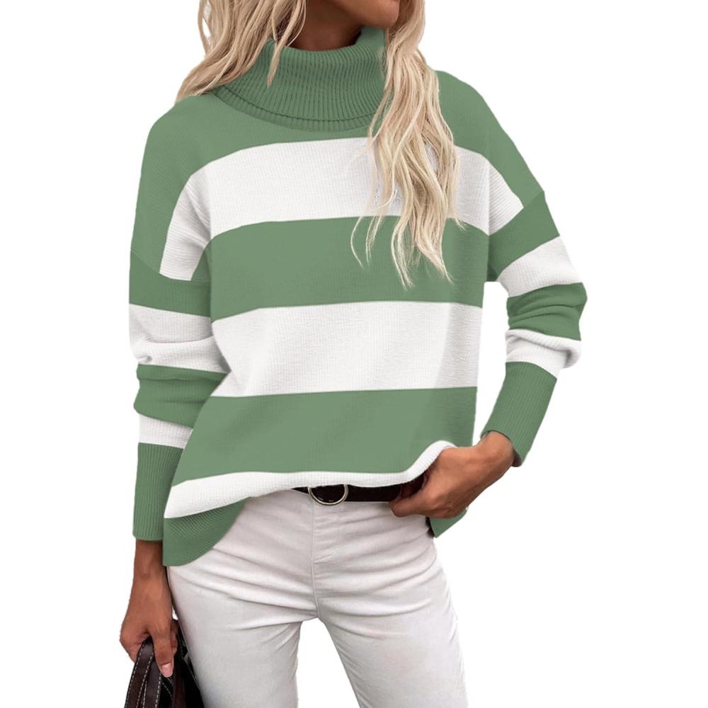 imageZeagoo Womens Turtleneck Sweater 2025 Fall Winter Chunky Knitted Pullover High Low Hem Trendy Basic Jumper TopGreen Stripe