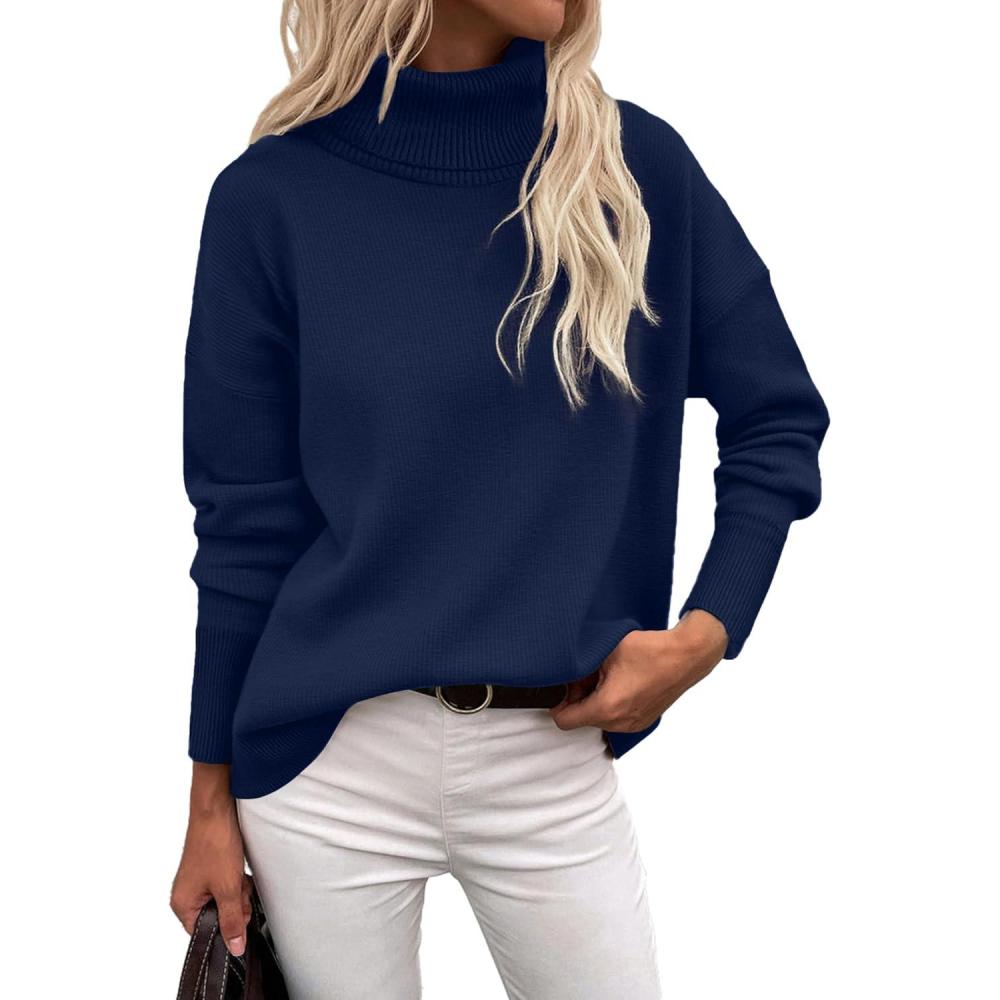 imageZeagoo Womens Turtleneck Sweater 2025 Fall Winter Chunky Knitted Pullover High Low Hem Trendy Basic Jumper TopNavy Blue