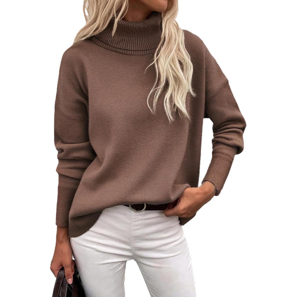 imageZeagoo Womens Turtleneck Sweater 2025 Fall Winter Chunky Knitted Pullover High Low Hem Trendy Basic Jumper TopNutmeg