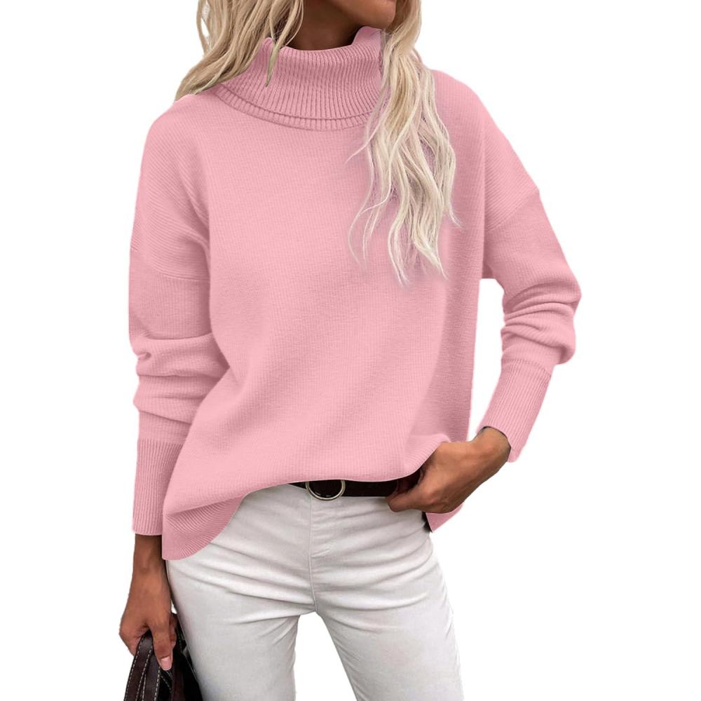 imageZeagoo Womens Turtleneck Sweater 2025 Fall Winter Chunky Knitted Pullover High Low Hem Trendy Basic Jumper TopPink