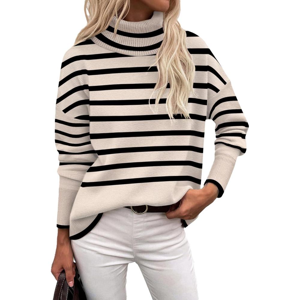 imageZeagoo Womens Turtleneck Sweater 2025 Fall Winter Chunky Knitted Pullover High Low Hem Trendy Basic Jumper TopStriped Beige