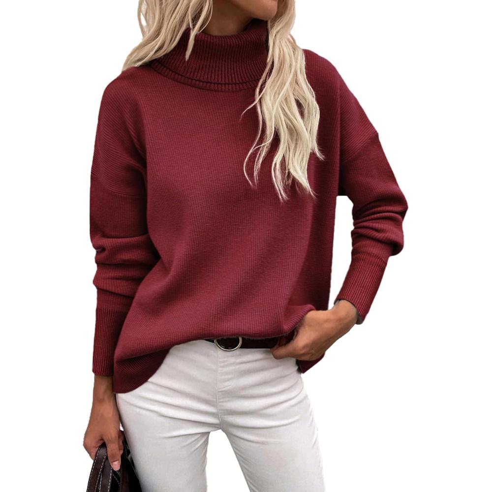 imageZeagoo Womens Turtleneck Sweater 2025 Fall Winter Chunky Knitted Pullover High Low Hem Trendy Basic Jumper TopWine Red