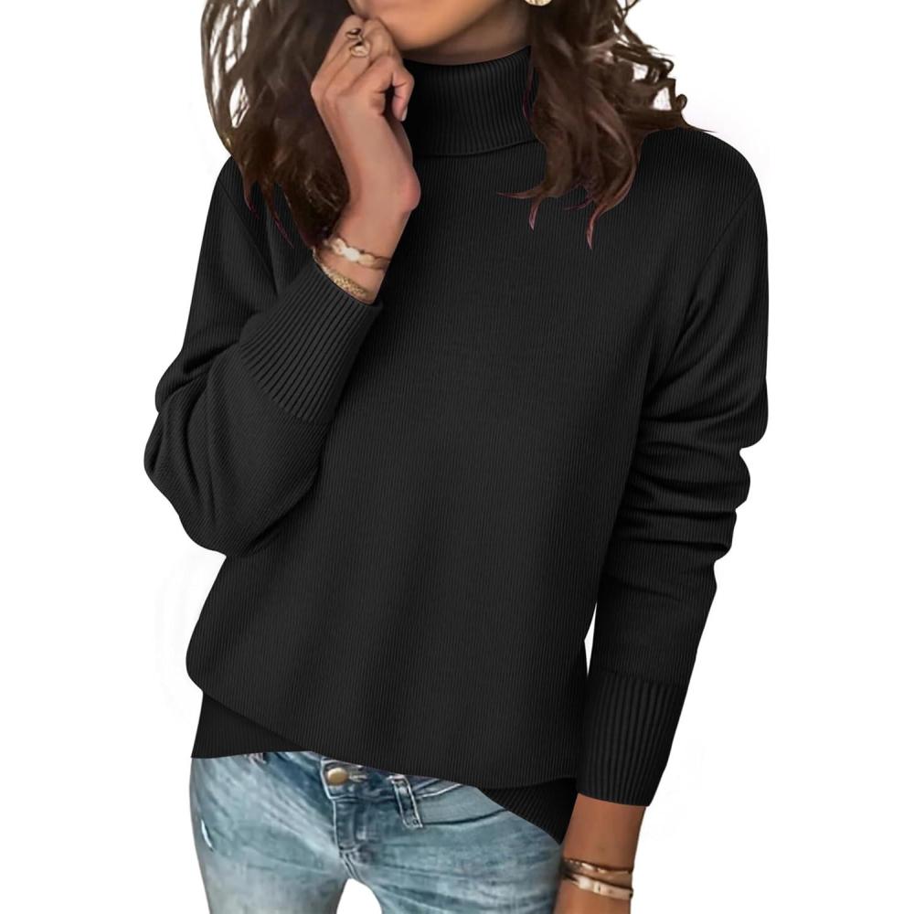 imageZeagoo Womens Turtleneck Sweater Long Sleeve Spilt Hem Casual Knit Pullover Chunky Fall Winter Jumper Top 2025Black