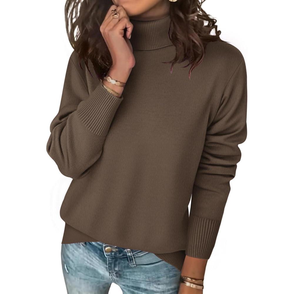 imageZeagoo Womens Turtleneck Sweater Long Sleeve Spilt Hem Casual Knit Pullover Chunky Fall Winter Jumper Top 2025Brown