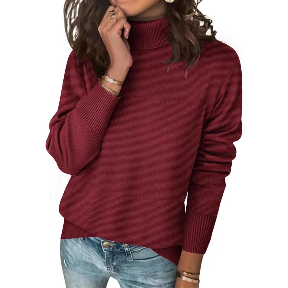 imageZeagoo Womens Turtleneck Sweater Long Sleeve Spilt Hem Casual Knit Pullover Chunky Fall Winter Jumper Top 2025Deep Red