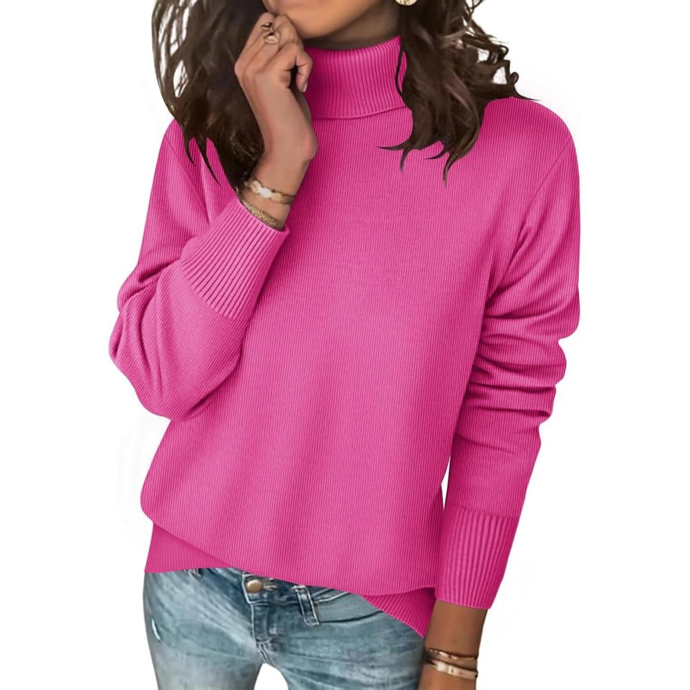 imageZeagoo Womens Turtleneck Sweater Long Sleeve Spilt Hem Casual Knit Pullover Chunky Fall Winter Jumper Top 2025Hot Pink