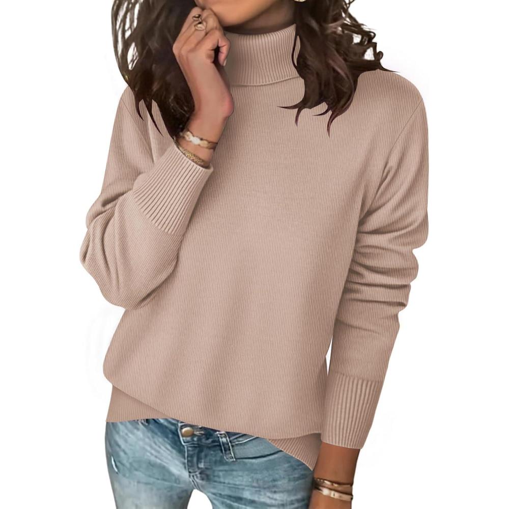 imageZeagoo Womens Turtleneck Sweater Long Sleeve Spilt Hem Casual Knit Pullover Chunky Fall Winter Jumper Top 2025Khaki
