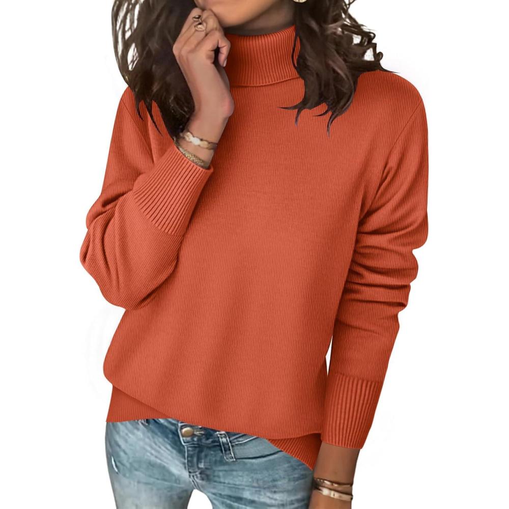 imageZeagoo Womens Turtleneck Sweater Long Sleeve Spilt Hem Casual Knit Pullover Chunky Fall Winter Jumper Top 2025Orange