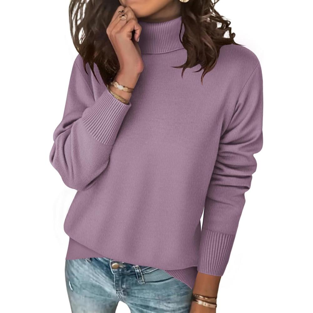 imageZeagoo Womens Turtleneck Sweater Long Sleeve Spilt Hem Casual Knit Pullover Chunky Fall Winter Jumper Top 2025Purple