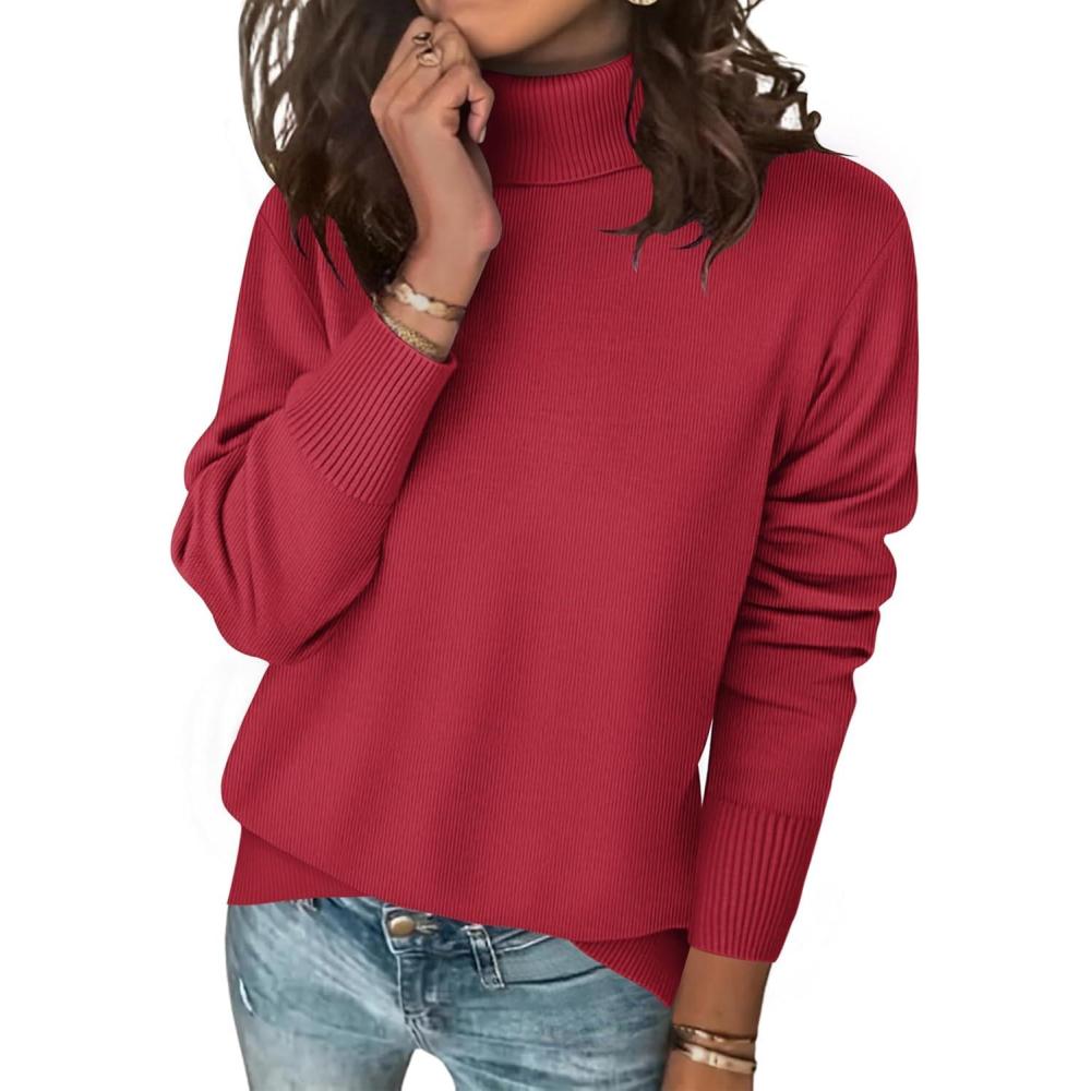 imageZeagoo Womens Turtleneck Sweater Long Sleeve Spilt Hem Casual Knit Pullover Chunky Fall Winter Jumper Top 2025Red
