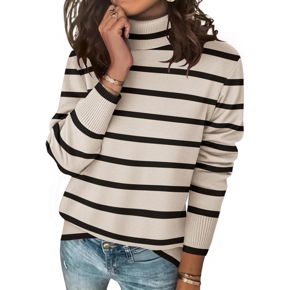 imageZeagoo Womens Turtleneck Sweater Long Sleeve Spilt Hem Casual Knit Pullover Chunky Fall Winter Jumper Top 2025Tw5stripe