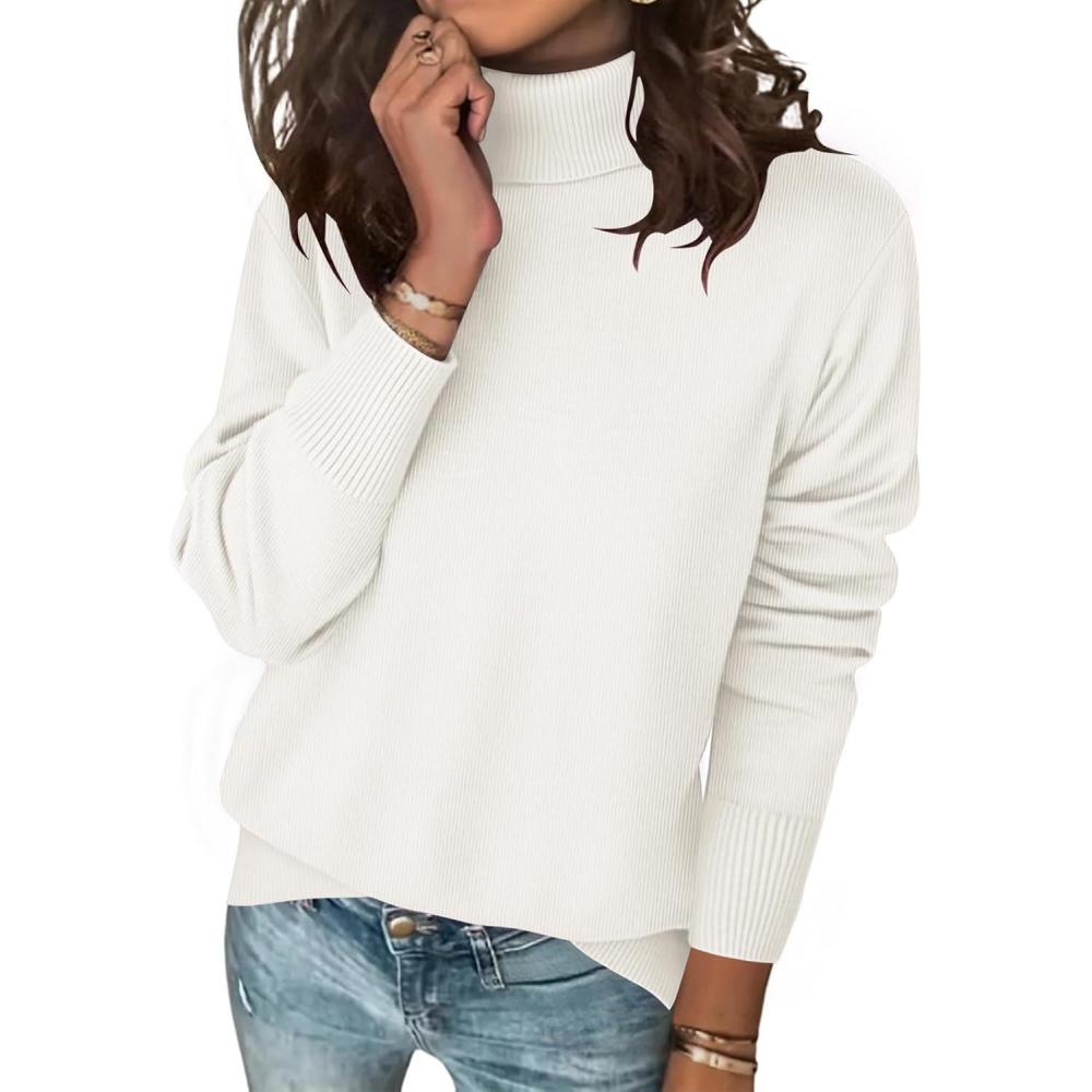 imageZeagoo Womens Turtleneck Sweater Long Sleeve Spilt Hem Casual Knit Pullover Chunky Fall Winter Jumper Top 2025White