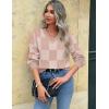 imageZeagoo Womens 2025 Fall VNeck Cropped Sweater Trendy Long Latern Sleeve Ribbed Knit Pullover Crop TopsKhakiplaid