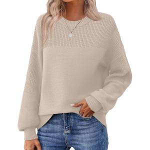 imageZeagoo Womens 2025 Fall Chunky Knit Sweater Oversized Crewneck Long Sleeve Winter Cotton Pullover Sweaters Jumper TopsBeige