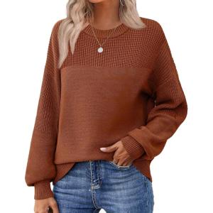 imageZeagoo Womens 2025 Fall Chunky Knit Sweater Oversized Crewneck Long Sleeve Winter Cotton Pullover Sweaters Jumper TopsCaramel