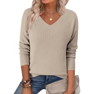 imageZeagoo Womens 2025 Fall Sweaters Long Sleeve V Neck Knit Pullovers Business Casual Sweater TopsApricot