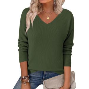 imageZeagoo Womens 2025 Fall Sweaters Long Sleeve V Neck Knit Pullovers Business Casual Sweater TopsArmy Green