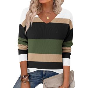 imageZeagoo Womens 2025 Fall Sweaters Long Sleeve V Neck Knit Pullovers Business Casual Sweater TopsArmy Stripe