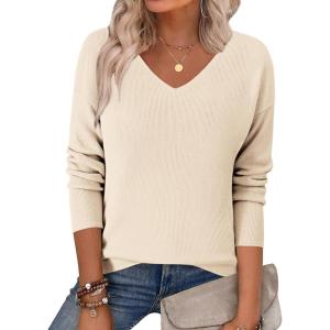 imageZeagoo Womens 2025 Fall Sweaters Long Sleeve V Neck Knit Pullovers Business Casual Sweater TopsBeige