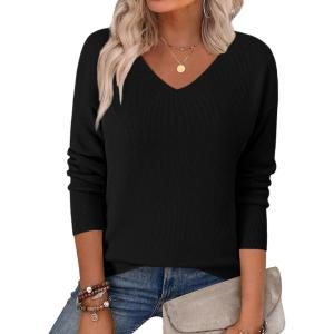 imageZeagoo Womens 2025 Fall Sweaters Long Sleeve V Neck Knit Pullovers Business Casual Sweater TopsBlack