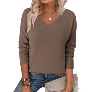 imageZeagoo Womens 2025 Fall Sweaters Long Sleeve V Neck Knit Pullovers Business Casual Sweater TopsBrown