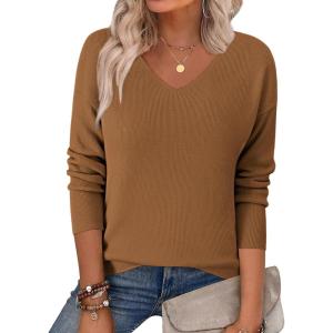 imageZeagoo Womens 2025 Fall Sweaters Long Sleeve V Neck Knit Pullovers Business Casual Sweater TopsCoffee