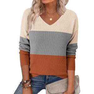 imageZeagoo Womens 2025 Fall Sweaters Long Sleeve V Neck Knit Pullovers Business Casual Sweater TopsGreyorange