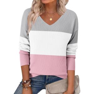 imageZeagoo Womens 2025 Fall Sweaters Long Sleeve V Neck Knit Pullovers Business Casual Sweater TopsGreypink
