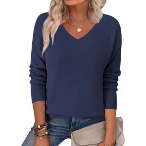 imageZeagoo Womens 2025 Fall Sweaters Long Sleeve V Neck Knit Pullovers Business Casual Sweater TopsNavy