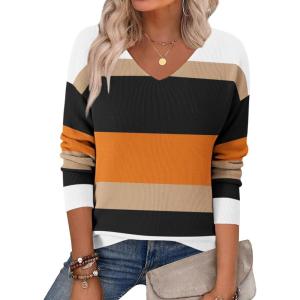 imageZeagoo Womens 2025 Fall Sweaters Long Sleeve V Neck Knit Pullovers Business Casual Sweater TopsOrange Stripe