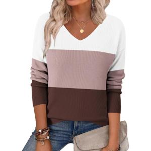 imageZeagoo Womens 2025 Fall Sweaters Long Sleeve V Neck Knit Pullovers Business Casual Sweater TopsWhitepurple