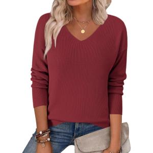 imageZeagoo Womens 2025 Fall Sweaters Long Sleeve V Neck Knit Pullovers Business Casual Sweater TopsWine Red
