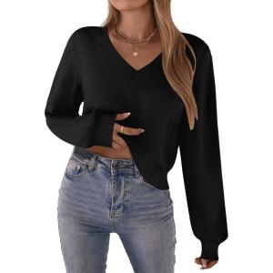 imageZeagoo Womens 2025 Fall VNeck Cropped Sweater Trendy Long Latern Sleeve Ribbed Knit Pullover Crop TopsBlack