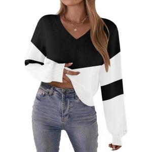 imageZeagoo Womens 2025 Fall VNeck Cropped Sweater Trendy Long Latern Sleeve Ribbed Knit Pullover Crop TopsBlack White