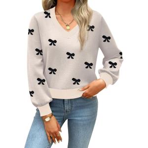 imageZeagoo Womens 2025 Fall VNeck Cropped Sweater Trendy Long Latern Sleeve Ribbed Knit Pullover Crop TopsBowknot Beige