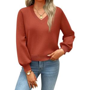 imageZeagoo Womens 2025 Fall VNeck Cropped Sweater Trendy Long Latern Sleeve Ribbed Knit Pullover Crop TopsBrick Red
