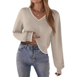 imageZeagoo Womens 2025 Fall VNeck Cropped Sweater Trendy Long Latern Sleeve Ribbed Knit Pullover Crop TopsColor Block 1