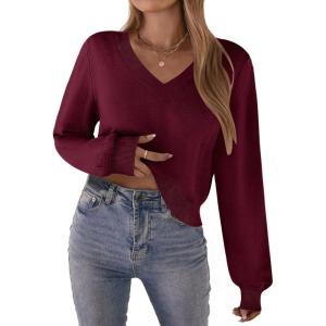 imageZeagoo Womens 2025 Fall VNeck Cropped Sweater Trendy Long Latern Sleeve Ribbed Knit Pullover Crop TopsWine Red