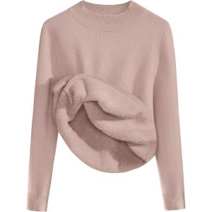 imageZeagoo Womens Fleece Sherpa Lined Sweater Mock Neck Long Sleeve Thermal Shirt 2025 Fall Winter Fuzzy Knit Jumper Tops SXXLKhaki