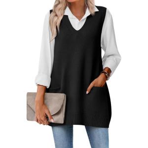 imageZeagoo Womens Sweater Vest 2025 Oversized Sleeveless V Neck Pullovers with Pocket Knitted Fall OutfitsBlack