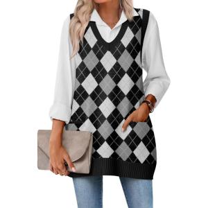 imageZeagoo Womens Sweater Vest 2025 Oversized Sleeveless V Neck Pullovers with Pocket Knitted Fall OutfitsBlack Argyle