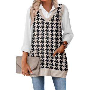 imageZeagoo Womens Sweater Vest 2025 Oversized Sleeveless V Neck Pullovers with Pocket Knitted Fall OutfitsBlack Houndstooth