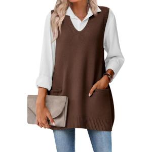 imageZeagoo Womens Sweater Vest 2025 Oversized Sleeveless V Neck Pullovers with Pocket Knitted Fall OutfitsBrown