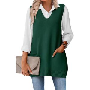 imageZeagoo Womens Sweater Vest 2025 Oversized Sleeveless V Neck Pullovers with Pocket Knitted Fall OutfitsGreen