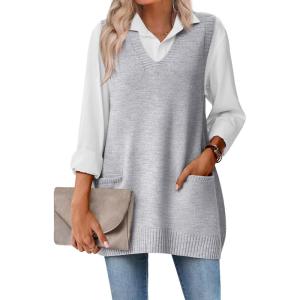 imageZeagoo Womens Sweater Vest 2025 Oversized Sleeveless V Neck Pullovers with Pocket Knitted Fall OutfitsGrey