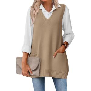 imageZeagoo Womens Sweater Vest 2025 Oversized Sleeveless V Neck Pullovers with Pocket Knitted Fall OutfitsKhaki