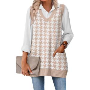 imageZeagoo Womens Sweater Vest 2025 Oversized Sleeveless V Neck Pullovers with Pocket Knitted Fall OutfitsKhaki Houndstooth