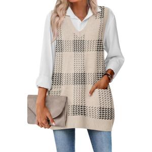 imageZeagoo Womens Sweater Vest 2025 Oversized Sleeveless V Neck Pullovers with Pocket Knitted Fall OutfitsKhaki Plaid