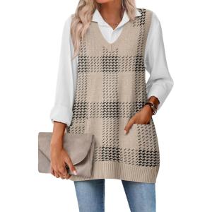 imageZeagoo Womens Sweater Vest 2025 Oversized Sleeveless V Neck Pullovers with Pocket Knitted Fall OutfitsWhite Plaid