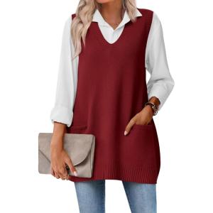 imageZeagoo Womens Sweater Vest 2025 Oversized Sleeveless V Neck Pullovers with Pocket Knitted Fall OutfitsWine Red